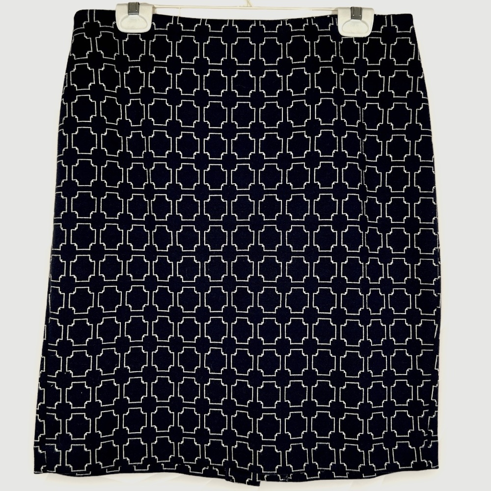 Talbots Petites Blue w/White Geometric Print Pencil Skirt Back Zip Size 12P